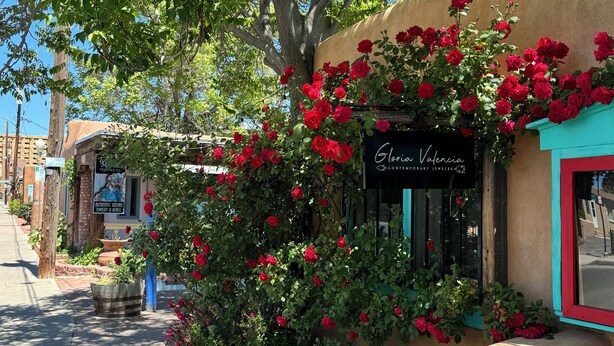 A storefront with a sign reading "Gloria Valencia Contemporary Jeweler" and a tree with red flowers. - Native Charm Adobe Guesthouse in Historic Old Town with wifi, AC, patio grill. (albuquerque)