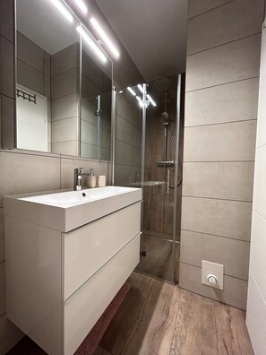 Shower, hair dryer, towels, soap