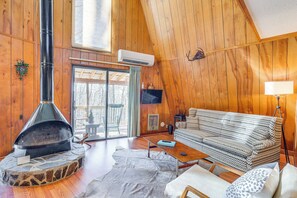 TV, fireplace, books - Private Deck & Fire Pit: Secluded Cabin in Murphy (Murphy)