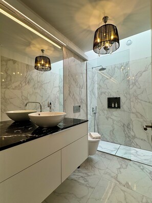 Shower, jetted tub, hair dryer, bidet