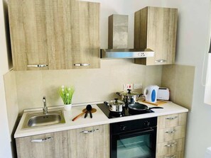 Frigorífico, microondas, horno y placa de cocina