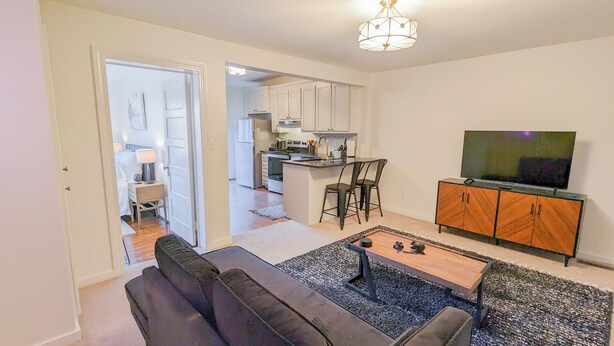 A modern apartment with a living room, kitchen, and dining area. There is a sofa, a coffee table, and a TV. - 1 bedroom apt, Steps from Swamp Rabbit Trail, 15 minute walk to Main st. (Greenville)