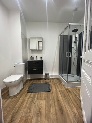 Een moderne badkamer met toilet, wastafel met spiegel, douchecabine en een zwarte mat op de vloer.