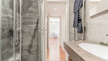 Shower, hair dryer, bidet, towels