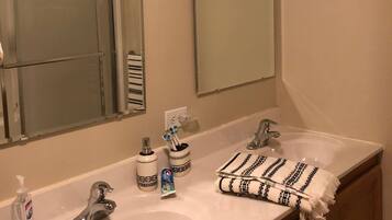 Shower, hair dryer, toilet paper