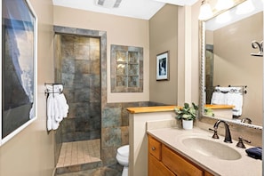 Jetted bath, hair dryer, towels, soap