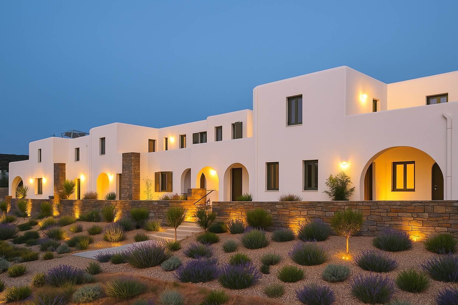 Un edificio moderno de varios pisos con paredes exteriores blancas, numerosas ventanas y un muro de contención de piedra.