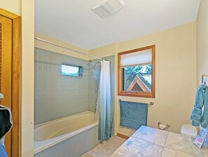 Hair dryer, towels, soap, shampoo