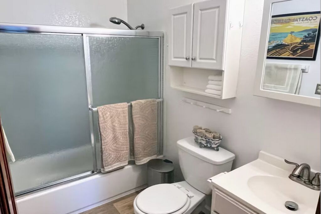 Hair dryer, towels, soap, shampoo