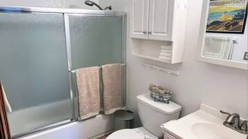 Hair dryer, towels, soap, shampoo