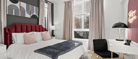 1 bedroom, desk, iron/ironing board, travel cot