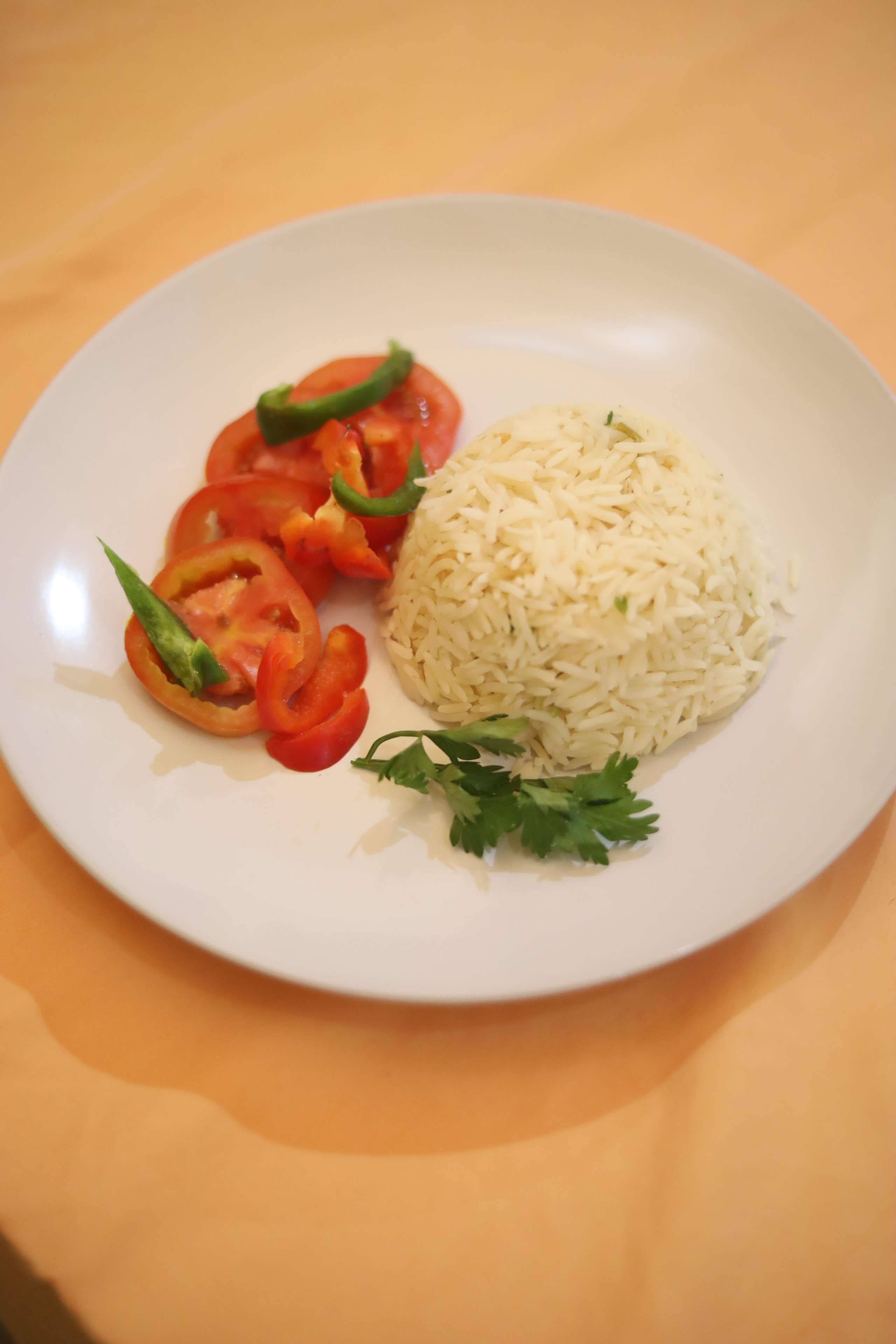 Une assiette contenant du riz et des tomates coupées en tranches, posée sur une table.