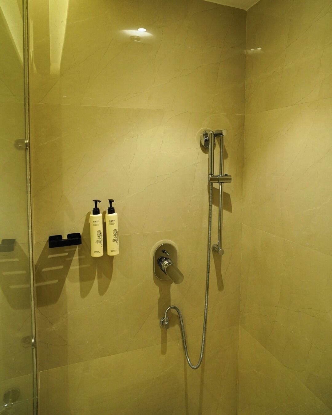 A shower with a handheld showerhead and a wall-mounted faucet, a glass door, and two bottles of shampoo on the wall.
