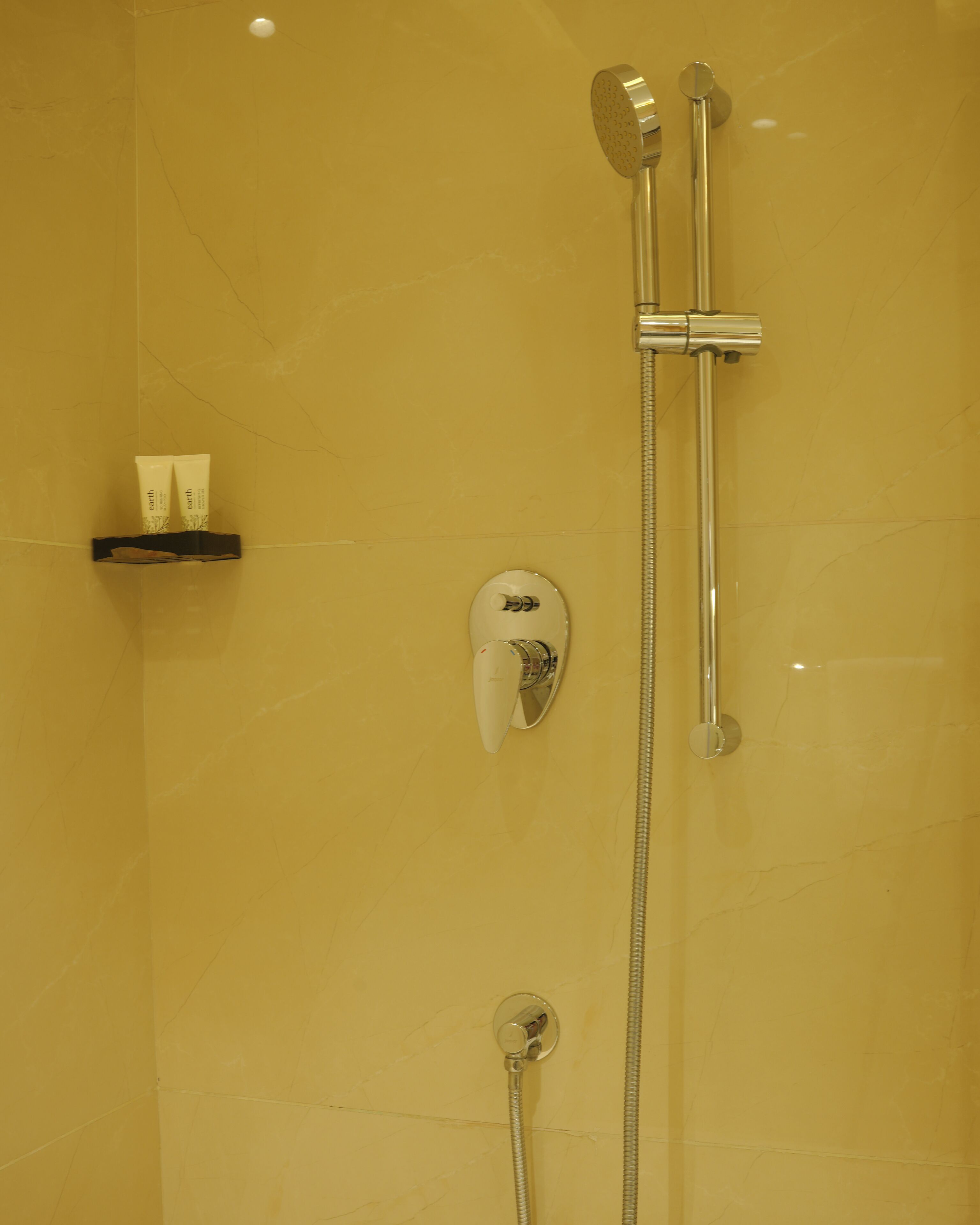 Eine Dusche mit Handbrause und Armaturen an der Wand.