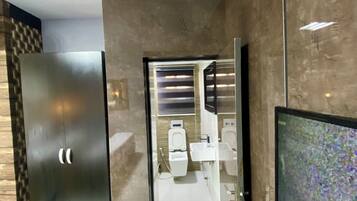 Regadera, toallas, jabón, papel de baño