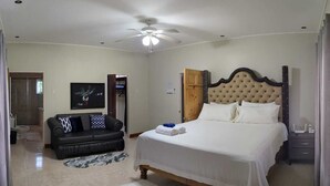 Une chambre à coucher avec un lit, un ventilateur de plafond, un canapé et une porte.