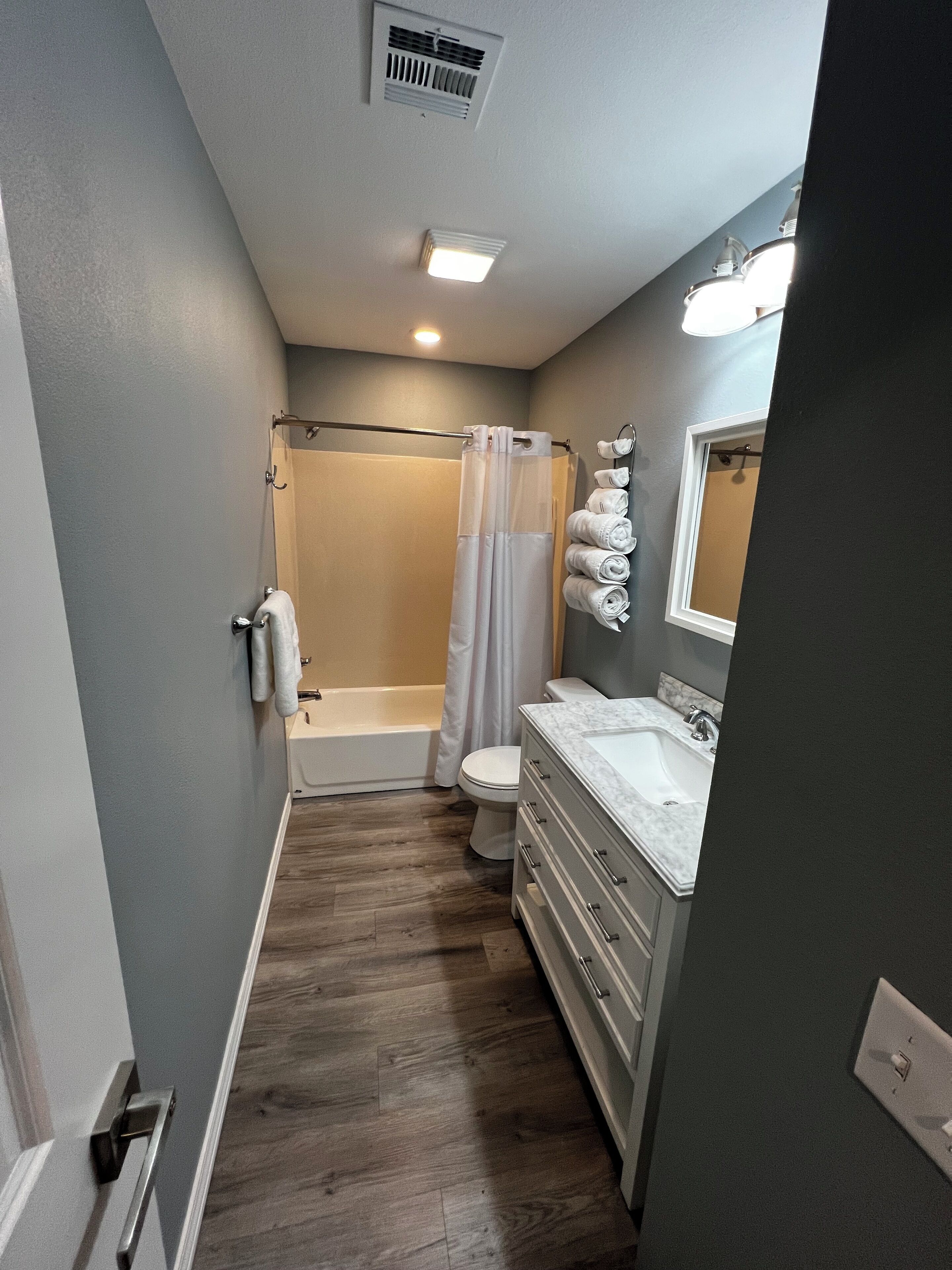 Hair dryer, towels, soap, shampoo