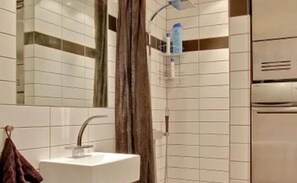 Bathroom features a large mirror, sink, and shower area with toiletries.