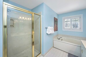 Hair dryer, towels, soap, shampoo