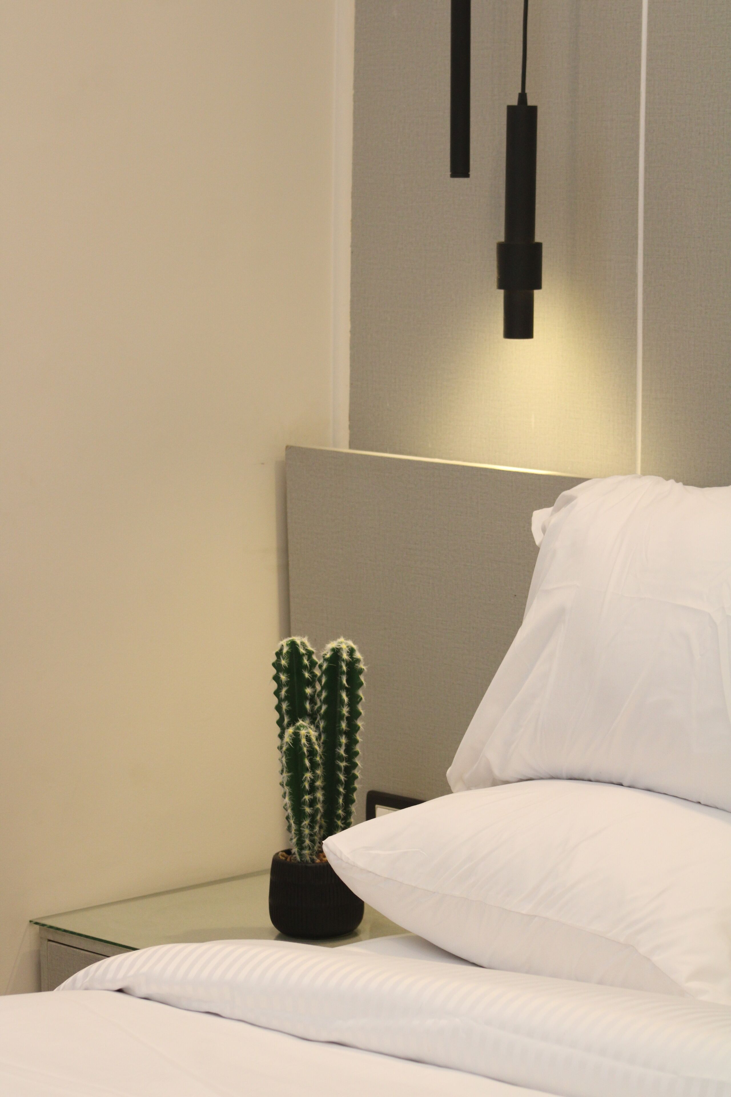 A bed with white bedding, a black potted cactus, and a black hanging light fixture.