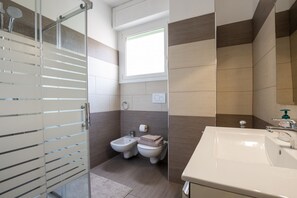 Shower, hair dryer, bidet, towels