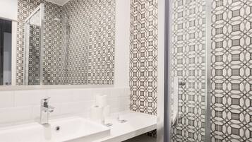 Shower, hair dryer, bidet, towels