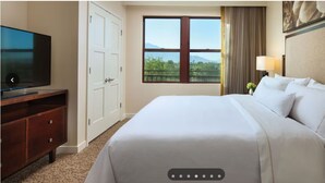 Une chambre d’hôtel avec un grand lit, un téléviseur posé sur une commode en bois, une fenêtre donnant sur un paysage verdoyant et un tableau accroché au mur.