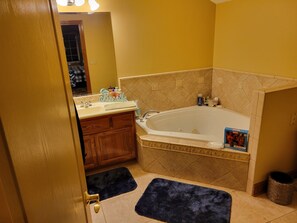 Hair dryer, towels, soap, toilet paper