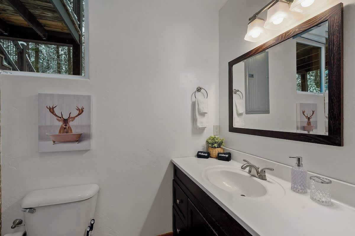 A bathroom with a white sink, dark wooden vanity, a large mirror, and a framed deer picture on the wall.