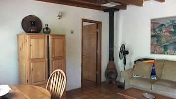 Smart TV, fireplace, books