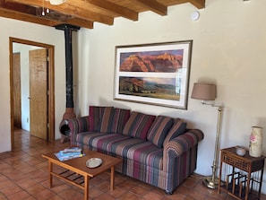 Smart TV, fireplace, books