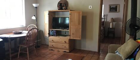 Smart TV, fireplace, books