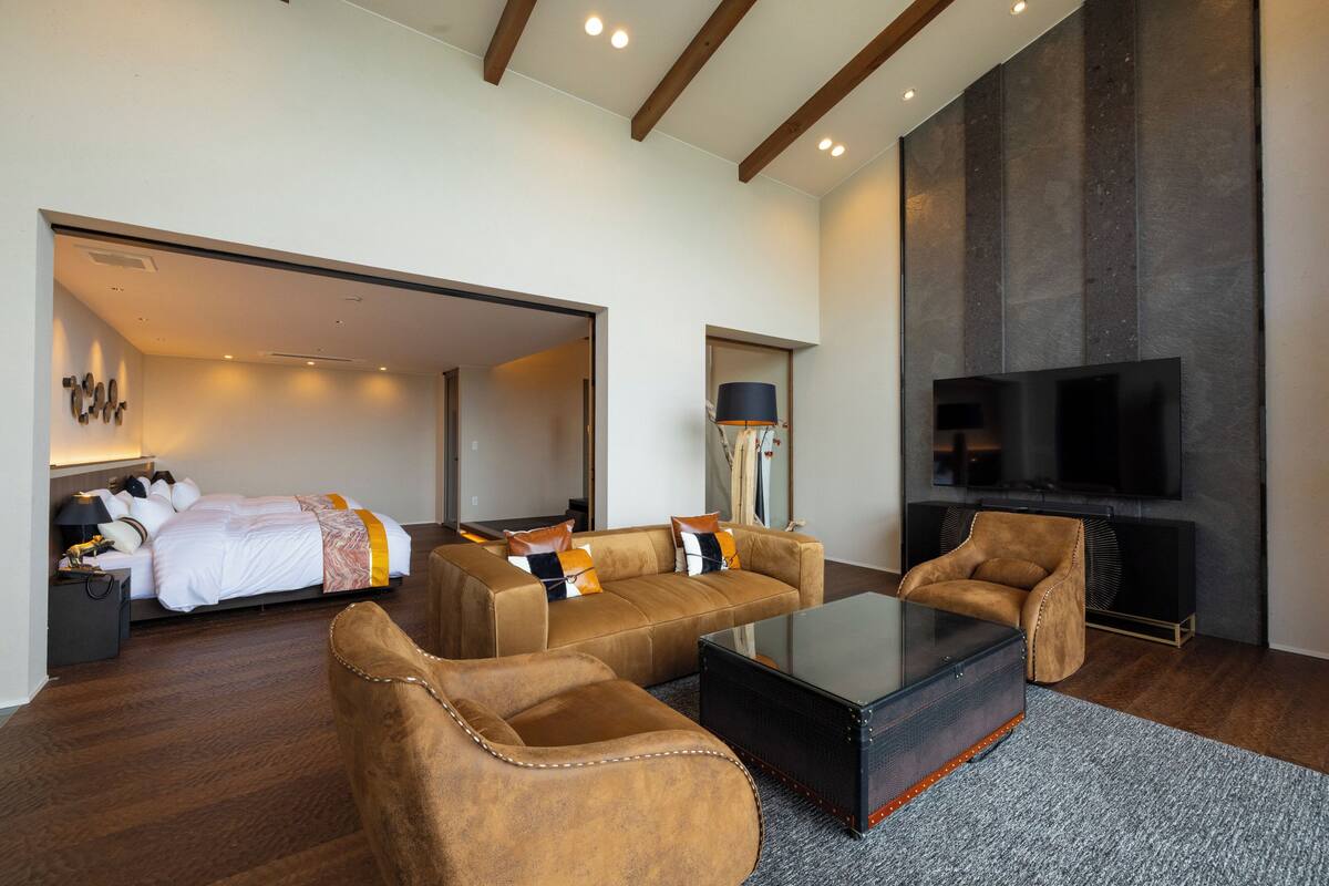 Una habitación de hotel moderna con una cama grande, un sofá, una mesita de café y un televisor.