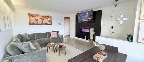 Smart TV, fireplace, table football