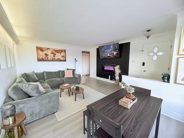 Smart TV, fireplace, foosball