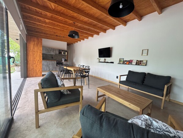 Smart TV, fireplace, books