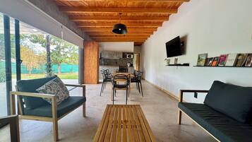 Smart TV, chimenea y libros