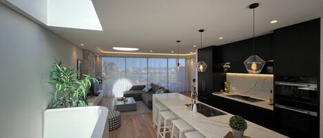 Fridge, microwave, oven, stovetop