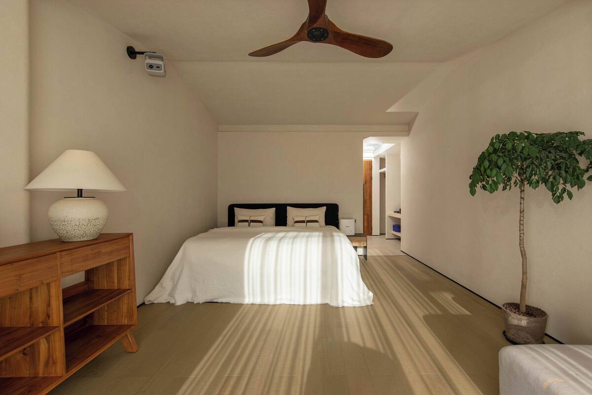 A bedroom with a bed, a wooden nightstand, a lamp, a ceiling fan, and a potted plant.