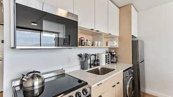 Frigorífico, microondas, horno y placa de cocina