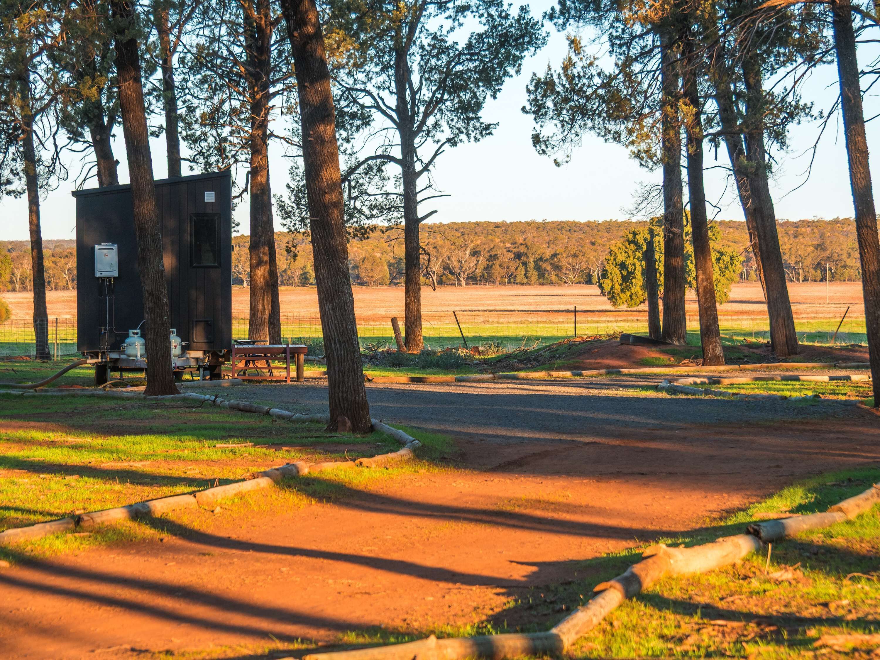 A campsite with a small wooden structure, picnic table, and a dirt path.