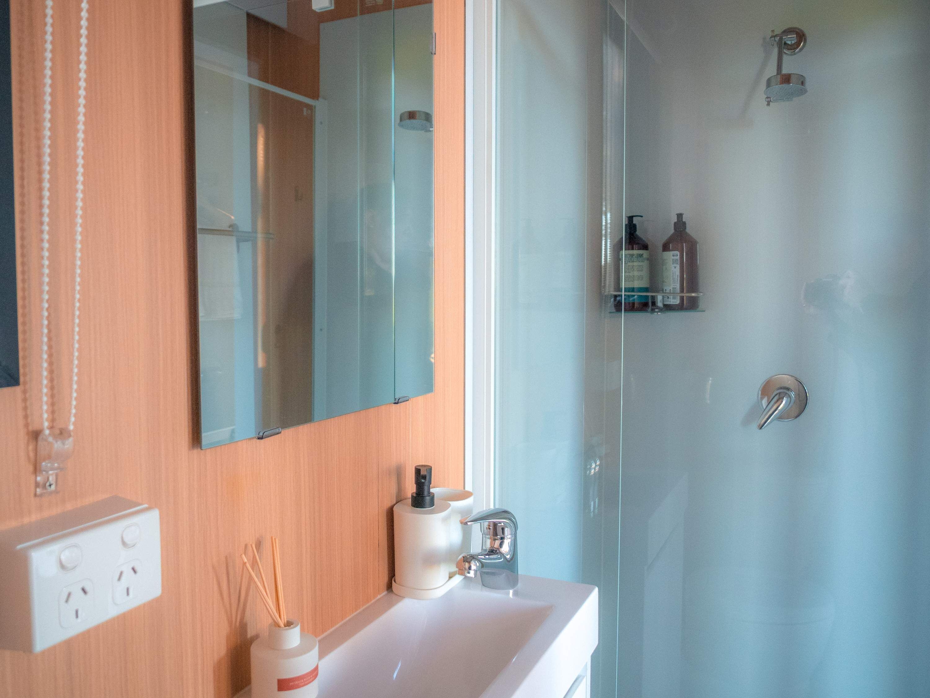 Shower, hair dryer, towels