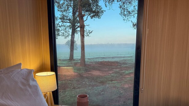 A bed with a pillow, a bedside lamp, a tray with toast and a pink mug, and a window with a view of trees and a fence. - Coleslea by Tiny Away (Leeton)