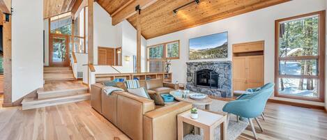 Télévision, cheminée, espaces bureaux