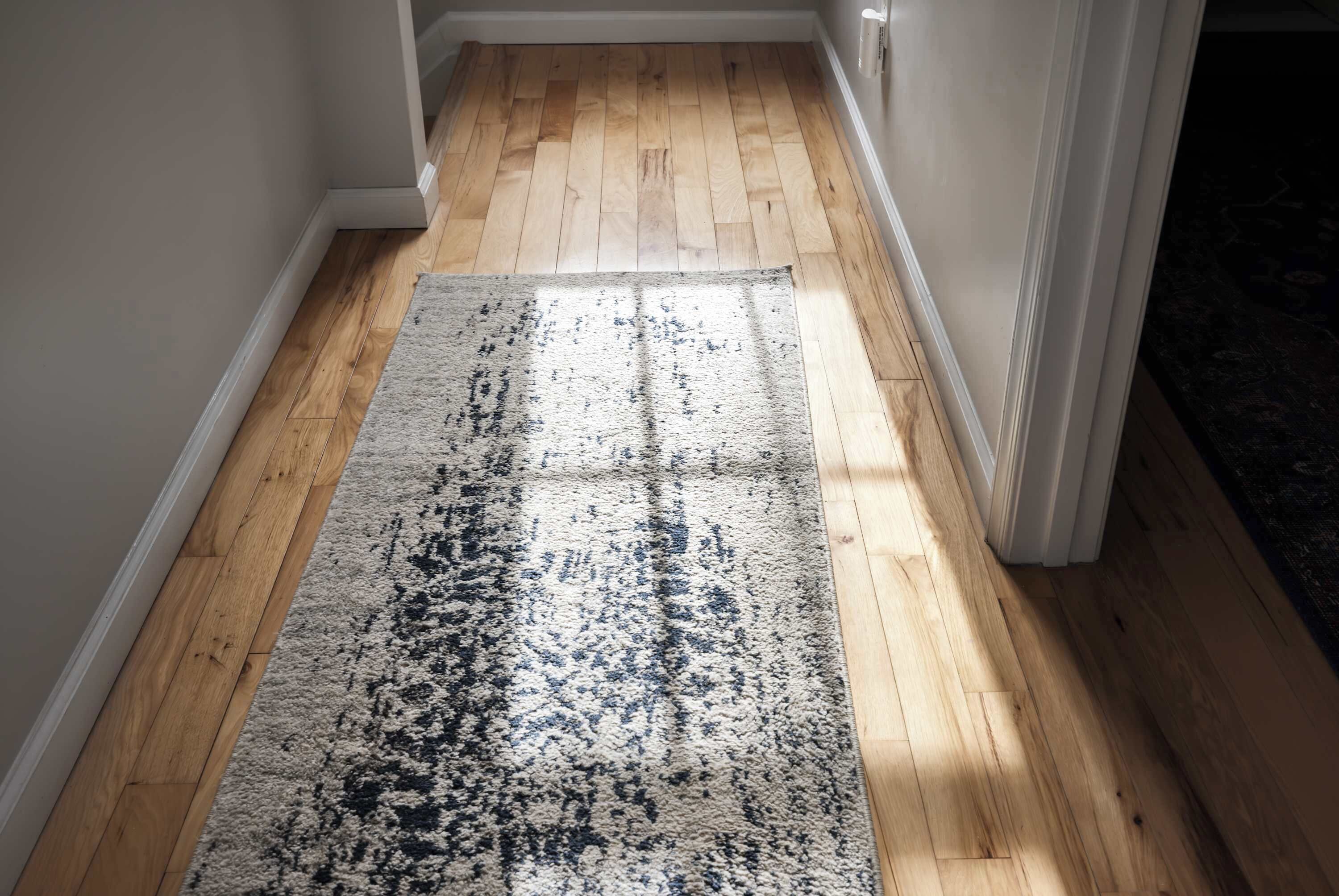 Un pasillo con piso de madera y un tapete estampado.