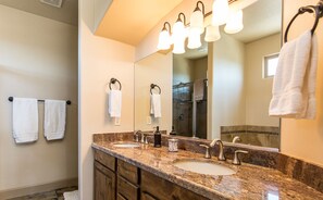 Jetted tub, hair dryer, towels, soap