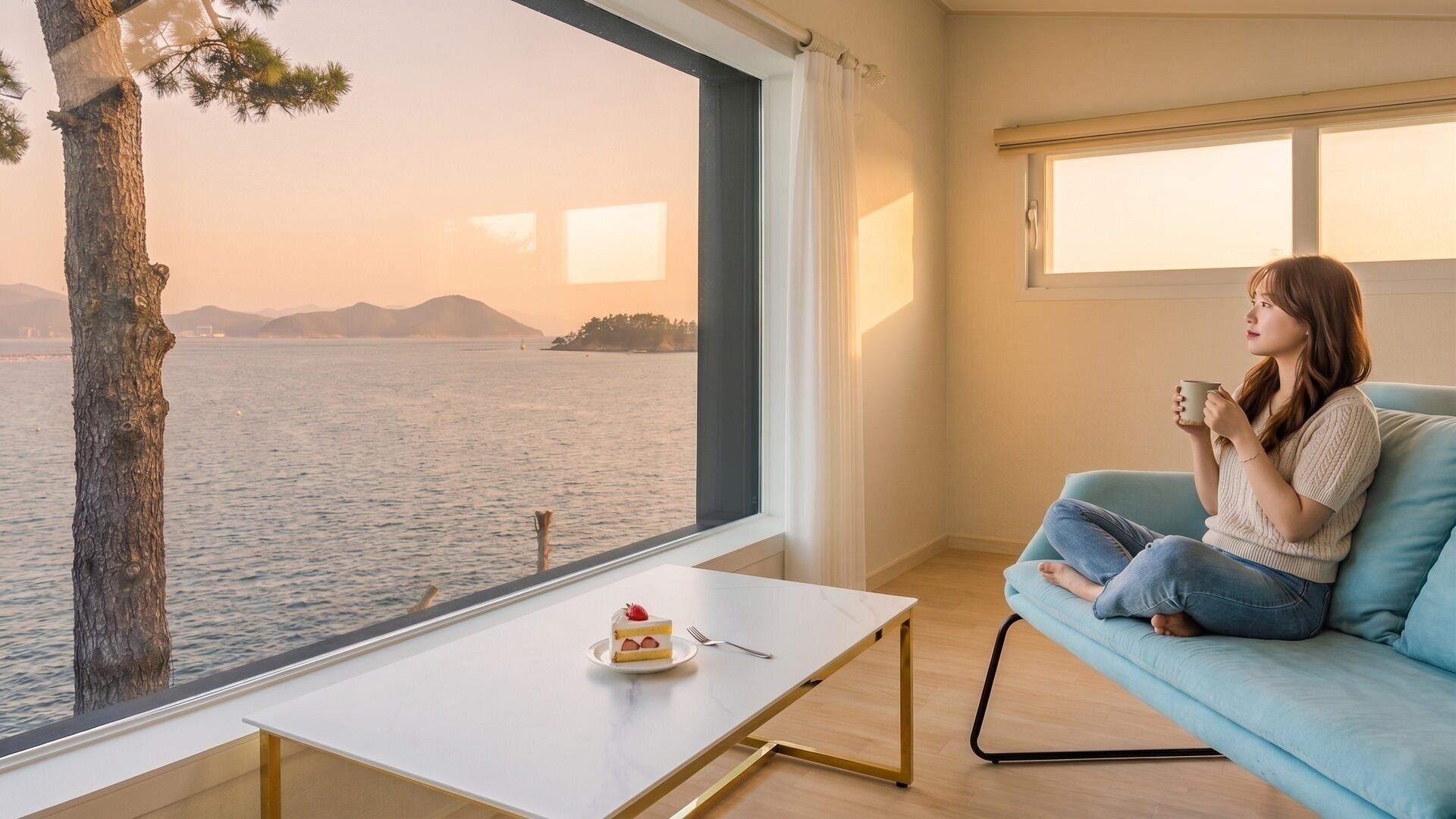Una habitación con un ventanal grande con vista a un cuerpo de agua, una pequeña mesa con un pastel y un tenedor, y una persona sentada en un sofá azul.