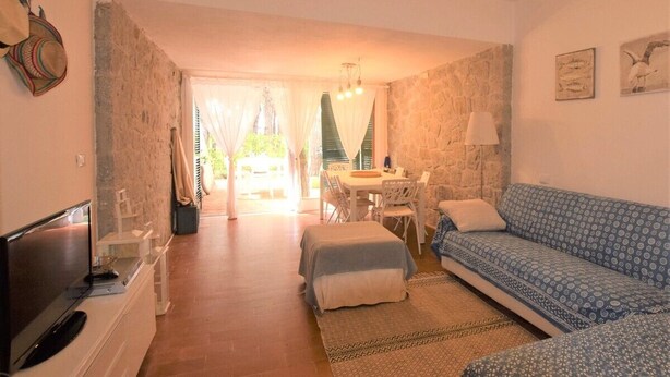A cozy living room with a sofa, a TV, and a dining area with a table and chairs.