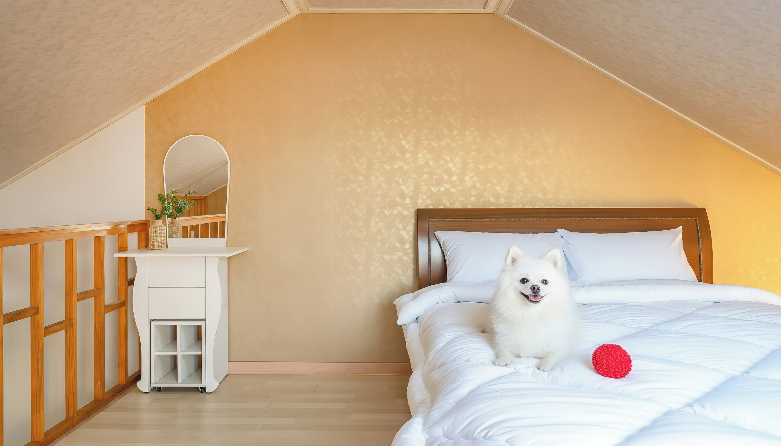 Un dormitorio con techo inclinado, un aparador de madera, una cama con ropa blanca y un perro pequeño sobre la cama.