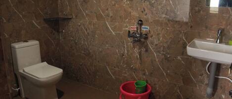 A bathroom with a toilet, a sink, and a shower with a hot and normal water control.